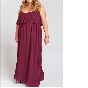 Show me your Mimi Caitlin Ruffle dress in Merlot. Size 1X